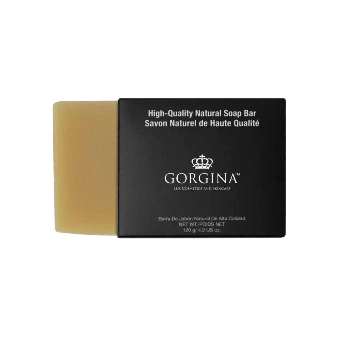 A high-quality natural soap bar with English and French labels, branded by Gorgina, weighing 120g or 4.2oz.