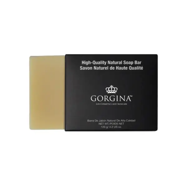 A Gorgina soap bar partially slides out of its black packaging, labeled as "High-Quality Natural Soap Bar" and "120 g / 4.2 oz.