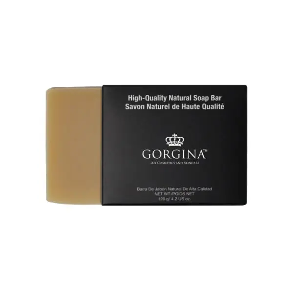 A brown soap bar partially removed from a black box labeled "High-Quality Natural Soap Bar" and "Gorgina Lux Cosmetics and Skincare," weighing 120g or 4.2 oz.