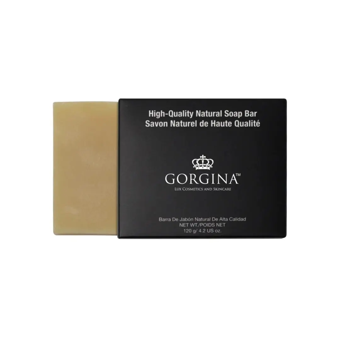 Natural soap bar partially out of a black box labeled "Gorgina High-Quality Natural Soap Bar, 120g/4.2oz.