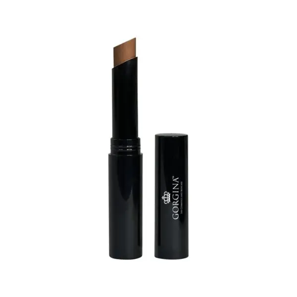 A brown lipstick in a black tube with the cap placed beside it, labeled "Gorgina.