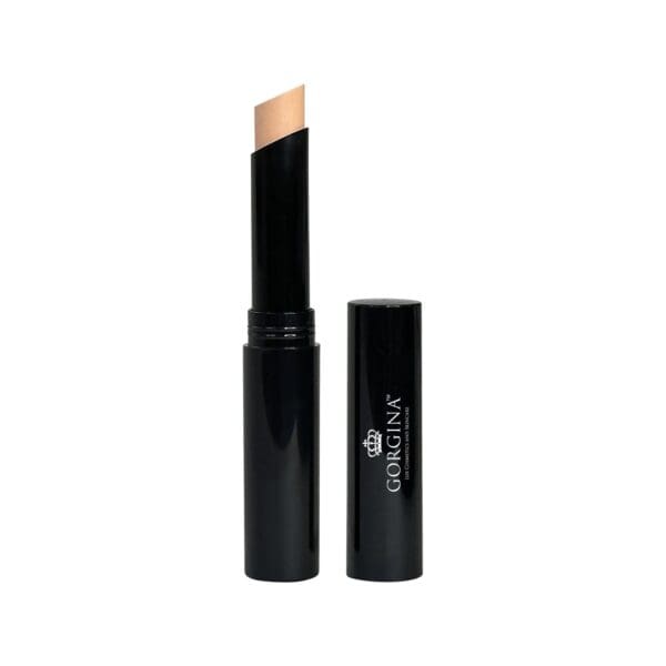 A black makeup stick with angled tip, next to its open cap, labeled "Gorgina.