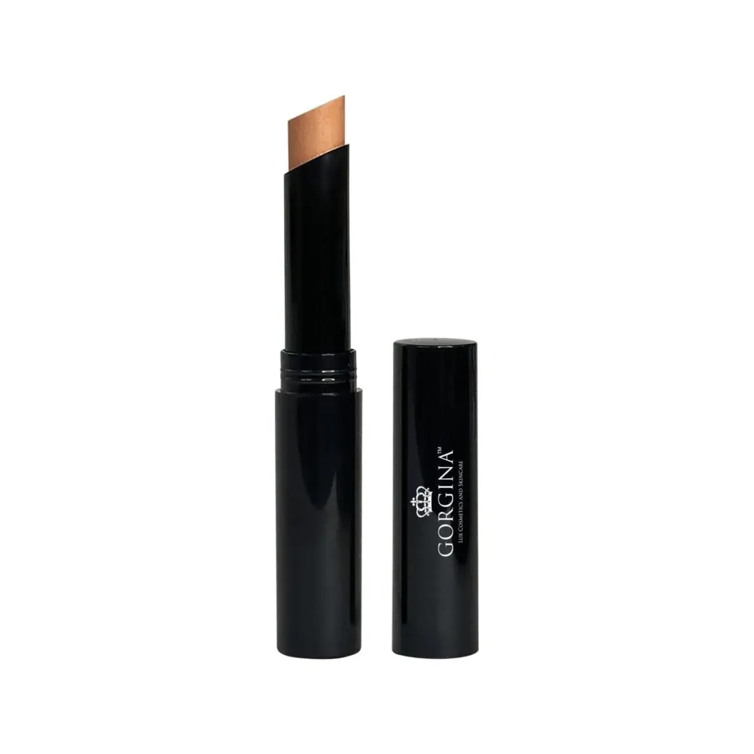 Black cylindrical makeup stick with a brown angled tip, labeled "GORGINA" in white text, next to its matching cap.