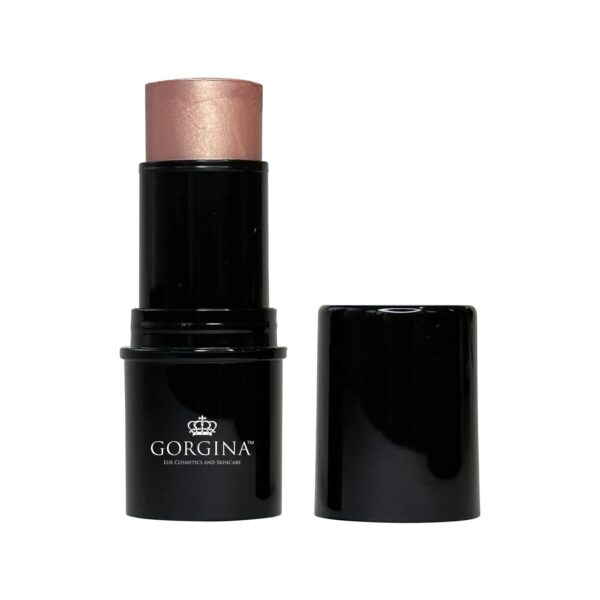 A black lipstick tube with the cap removed, displaying a shimmery pink lipstick. The packaging features a crown logo and the brand name "Gorgina.