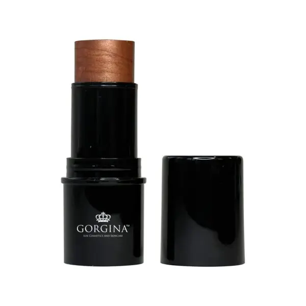 A black makeup stick with a bronze shade exposed, labeled "Gorgina," next to its matching cap.