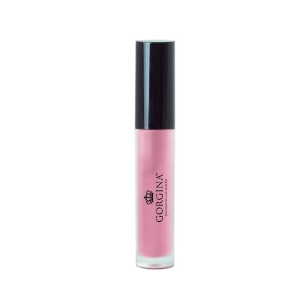 A tube of pink lip gloss with a black cap and the label "Gorgina" on the front.