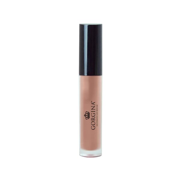 A tube of Gorgina liquid lipstick with a black cap and a clear container showing a nude shade.