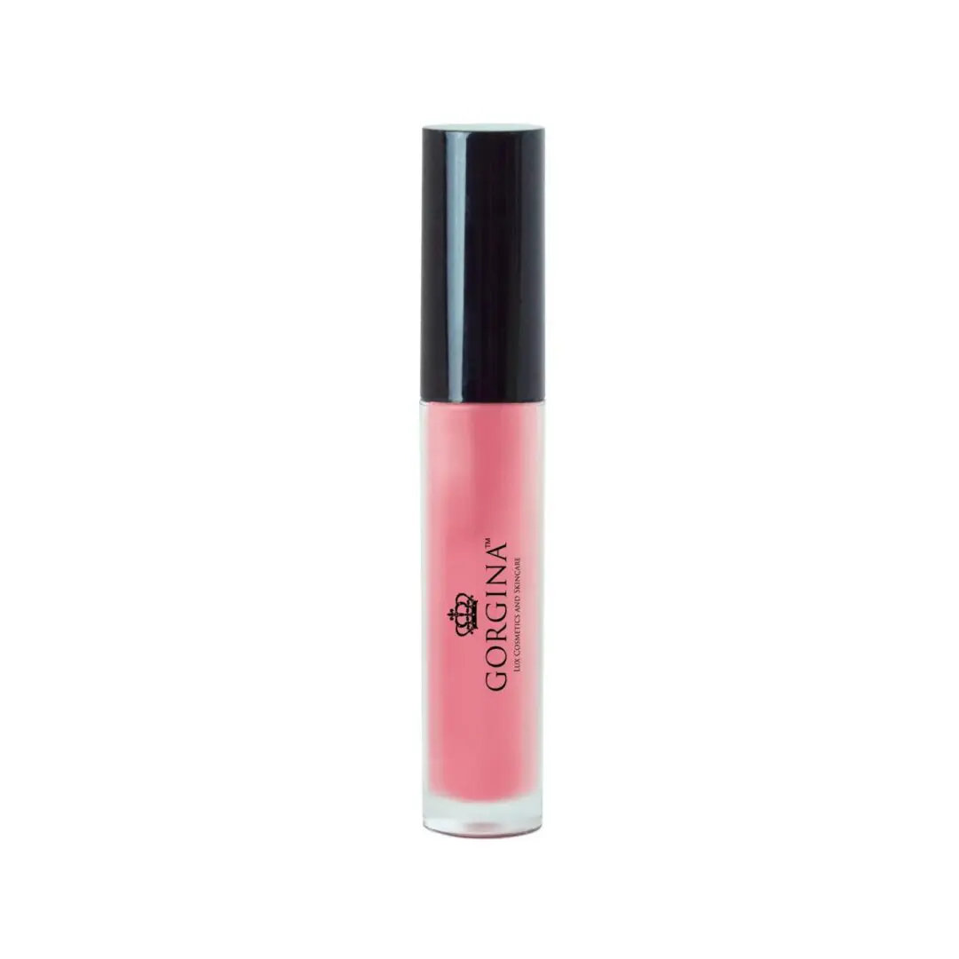 A pink lip gloss in a clear tube with a black cap, labeled "Gorgina.