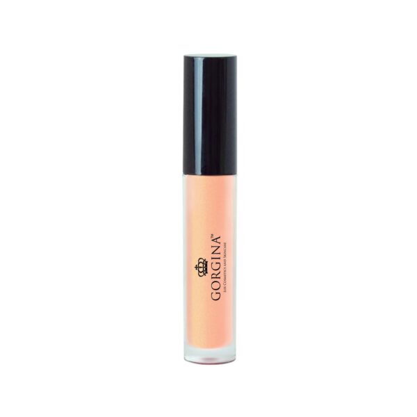 A tube of Gorgina lip gloss with peach-colored liquid and a black cap.