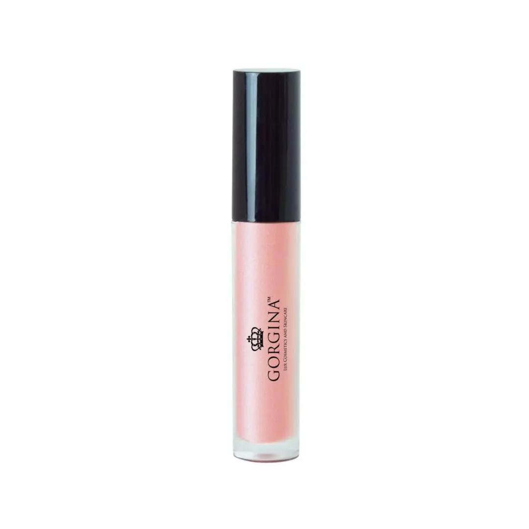 A cylindrical lip gloss container with a black cap and a light pink color inside. The label reads "Gorgina.