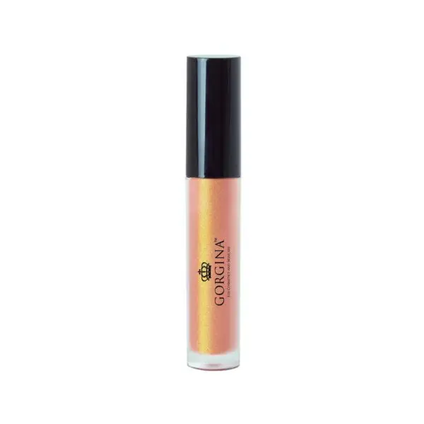 Lip gloss bottle with a black cap and an iridescent peachy-pink shade, labeled "GORGINA.