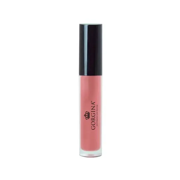 A tube of pink liquid lipstick with a black cap, labeled "Gorgina.