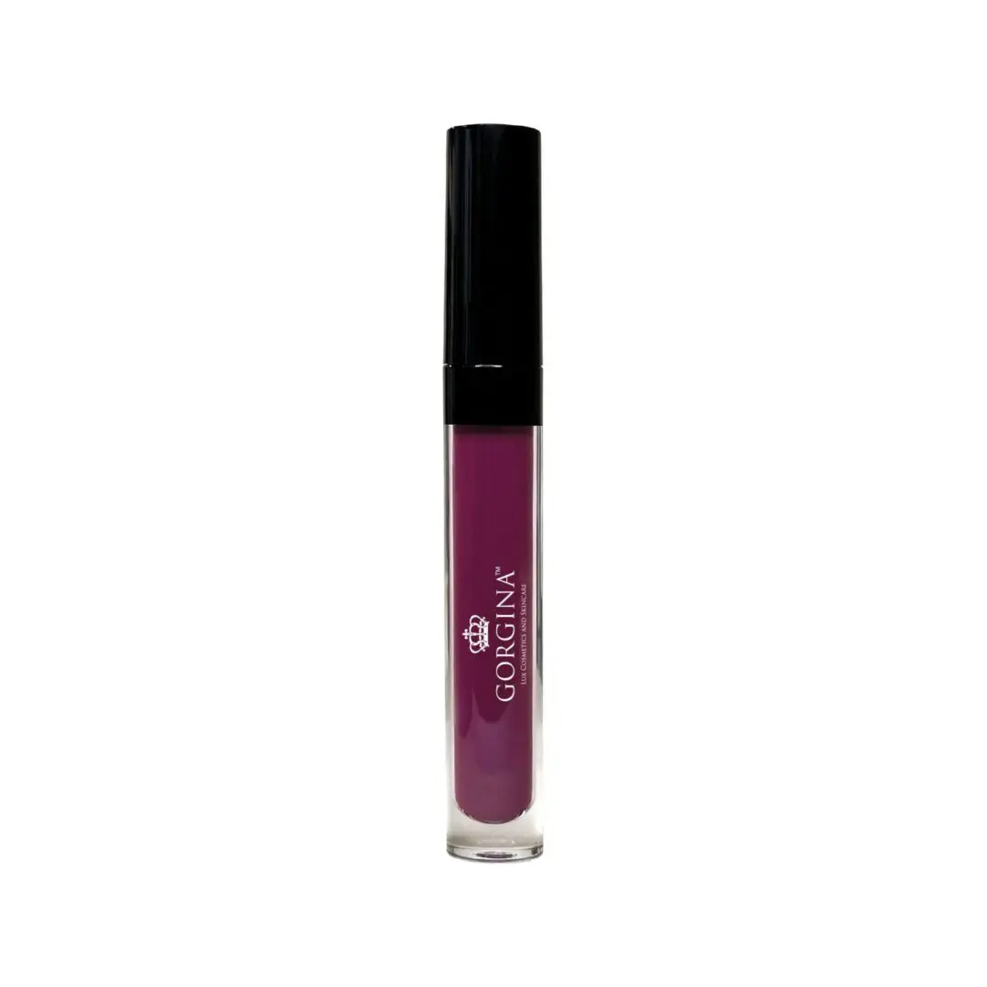 A tube of purple liquid lipstick with a black cap and "GORGINA" label on the side.