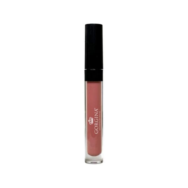 A tube of Gorgina lip gloss with a black cap and pink shade inside a transparent container.