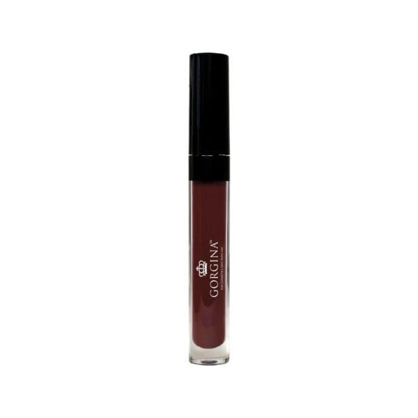 A tube of Gorgina liquid lipstick with a black cap and dark red color.