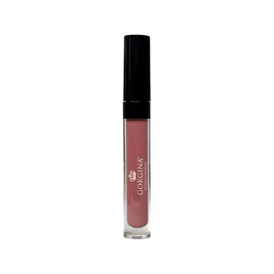 A tube of Gorgina lip gloss with a black cap and pink shade in a clear container.