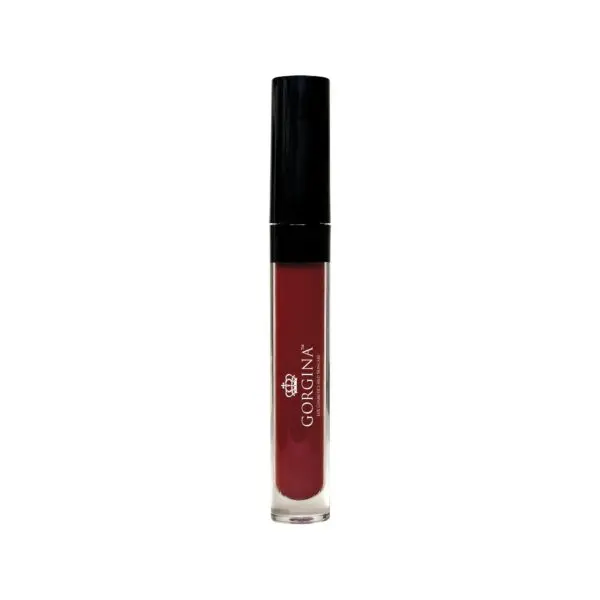 A tube of Gorgina red liquid lipstick with a black cap on a white background.