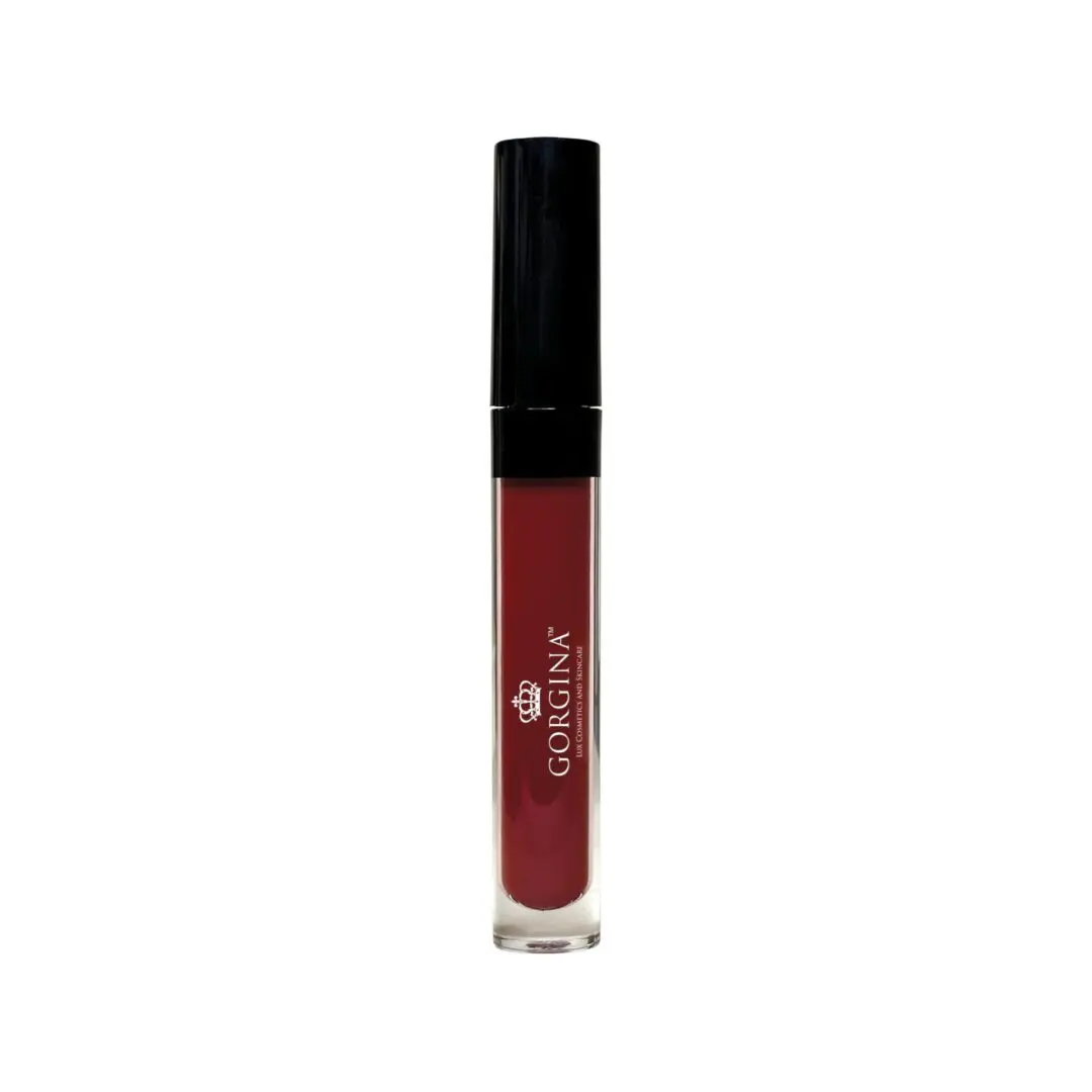 A tube of Gorgina red liquid lipstick with a black cap on a white background.