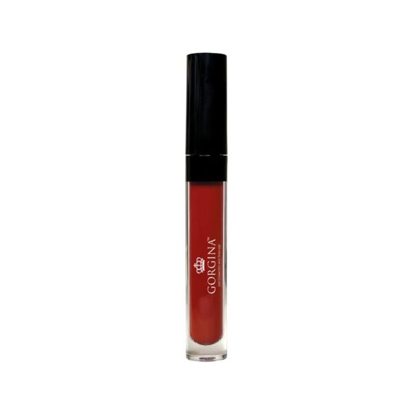 A tube of Gorgina red lipstick with a black cap and clear bottle.