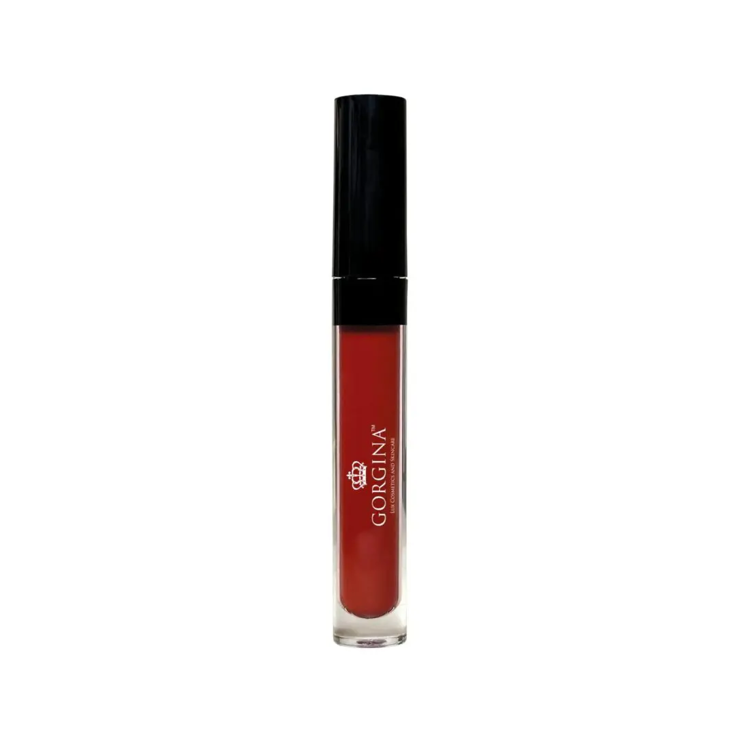 A tube of Gorgina red lipstick with a black cap and clear bottle.