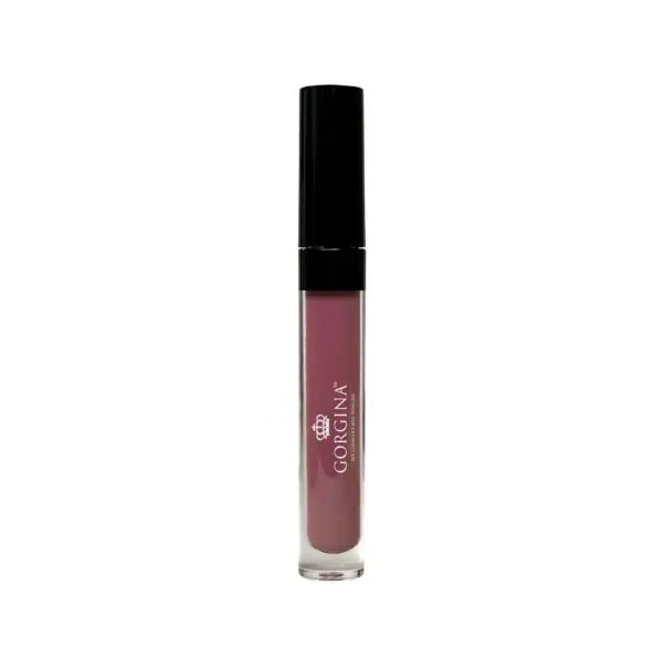 Tube of Gorgina lip gloss with a black cap and pink shade, isolated on a white background.