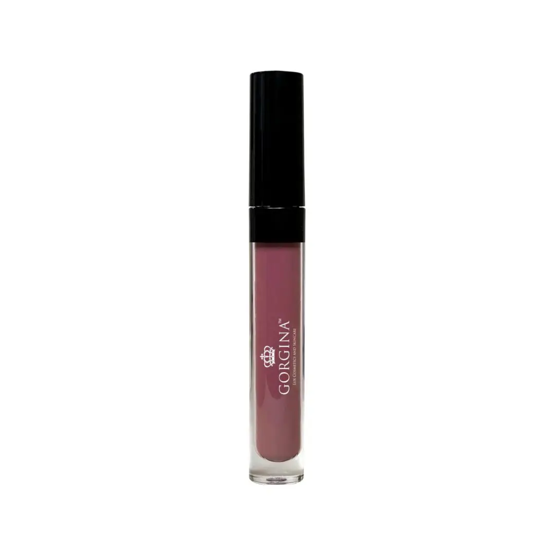 Tube of Gorgina lip gloss with a black cap and pink shade, isolated on a white background.