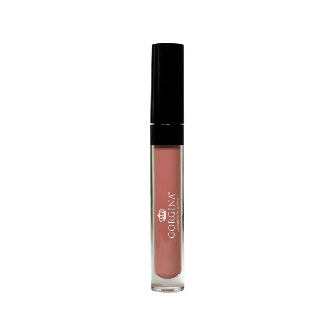 A tube of Gorgina lip gloss with a black cap and pink shade inside a clear container is shown against a white background.