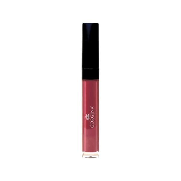 A tube of Gorgina lip gloss with a black cap and pink shade.