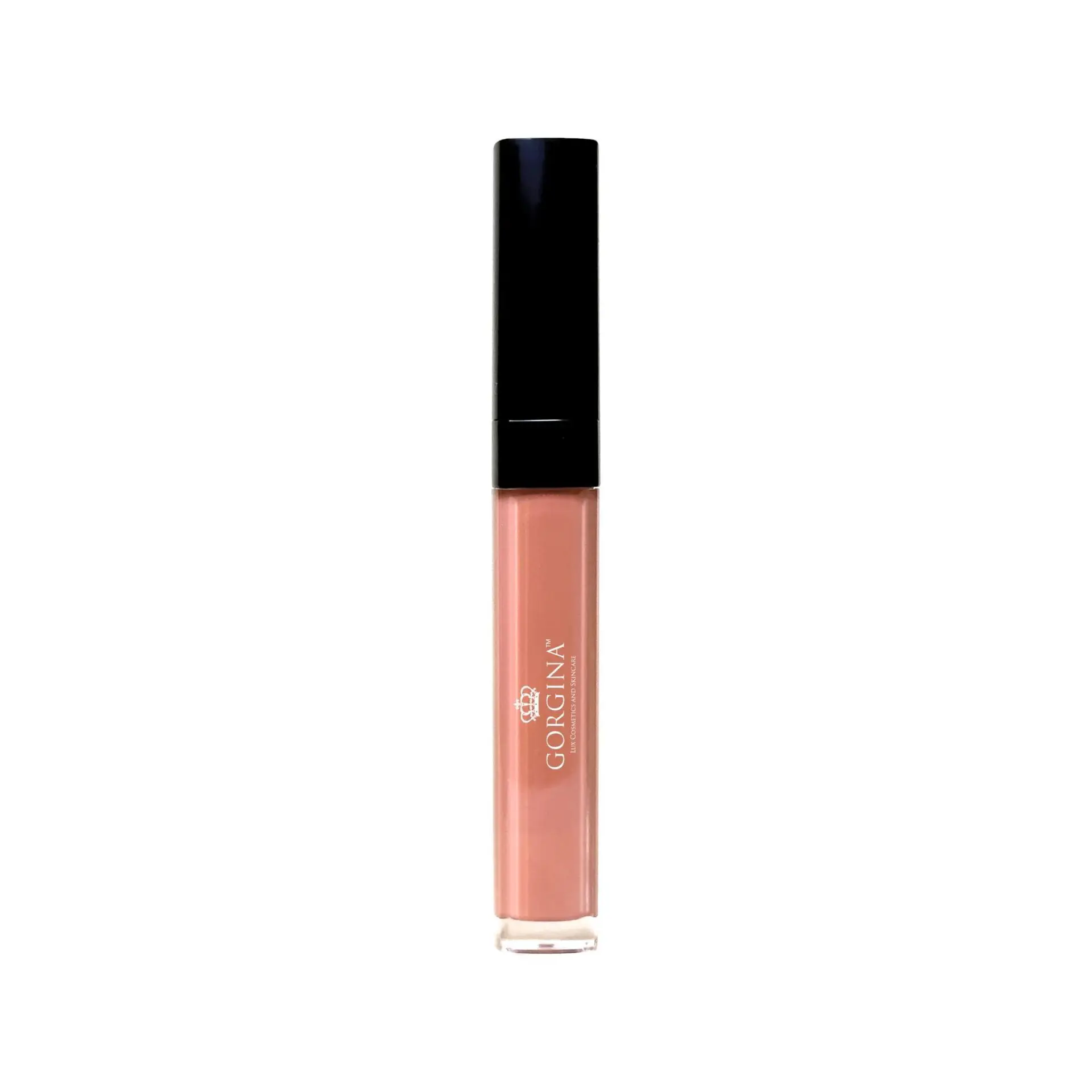 A tube of Gorgina lip gloss with a black cap and a nude pink shade.