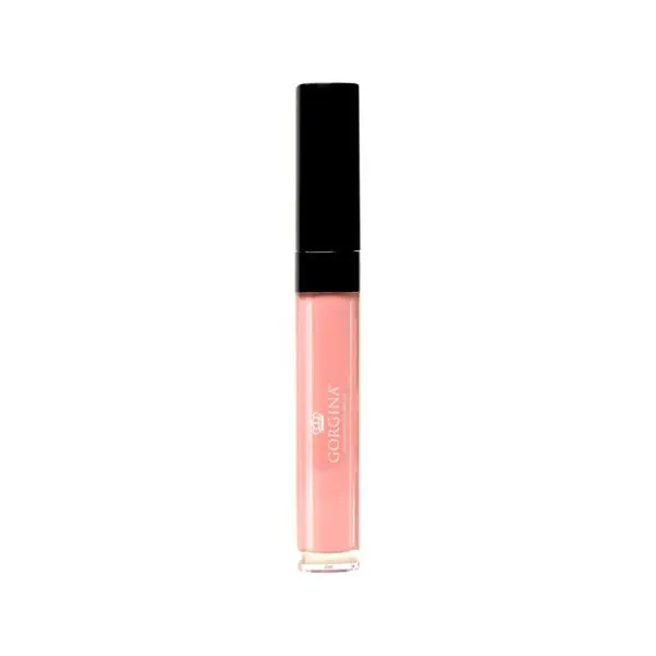 A tube of pink lip gloss with a black cap, labeled "Gorgina.