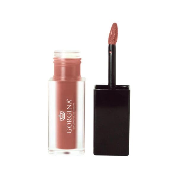 Matte nude liquid lipstick with an open black cap and applicator beside a transparent rectangular container labeled "Gorgina.