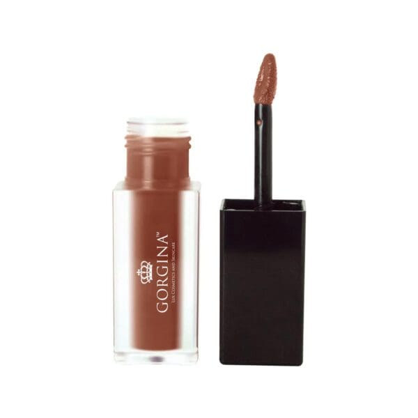 Open lipstick tube and wand with brown liquid lipstick, labeled "Gorgina," on a white background.