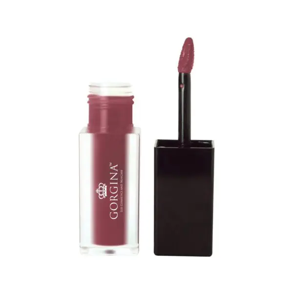 A bottle of Gorgina liquid lipstick with an open applicator displaying a deep rose shade.