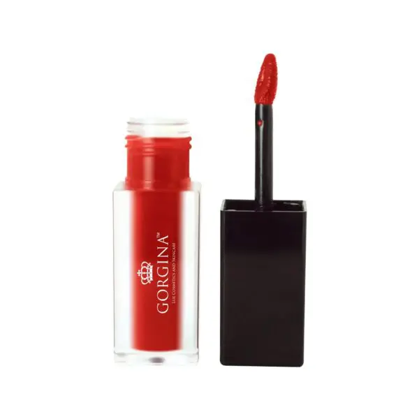 A red lip gloss bottle with a black cap next to an applicator wand.