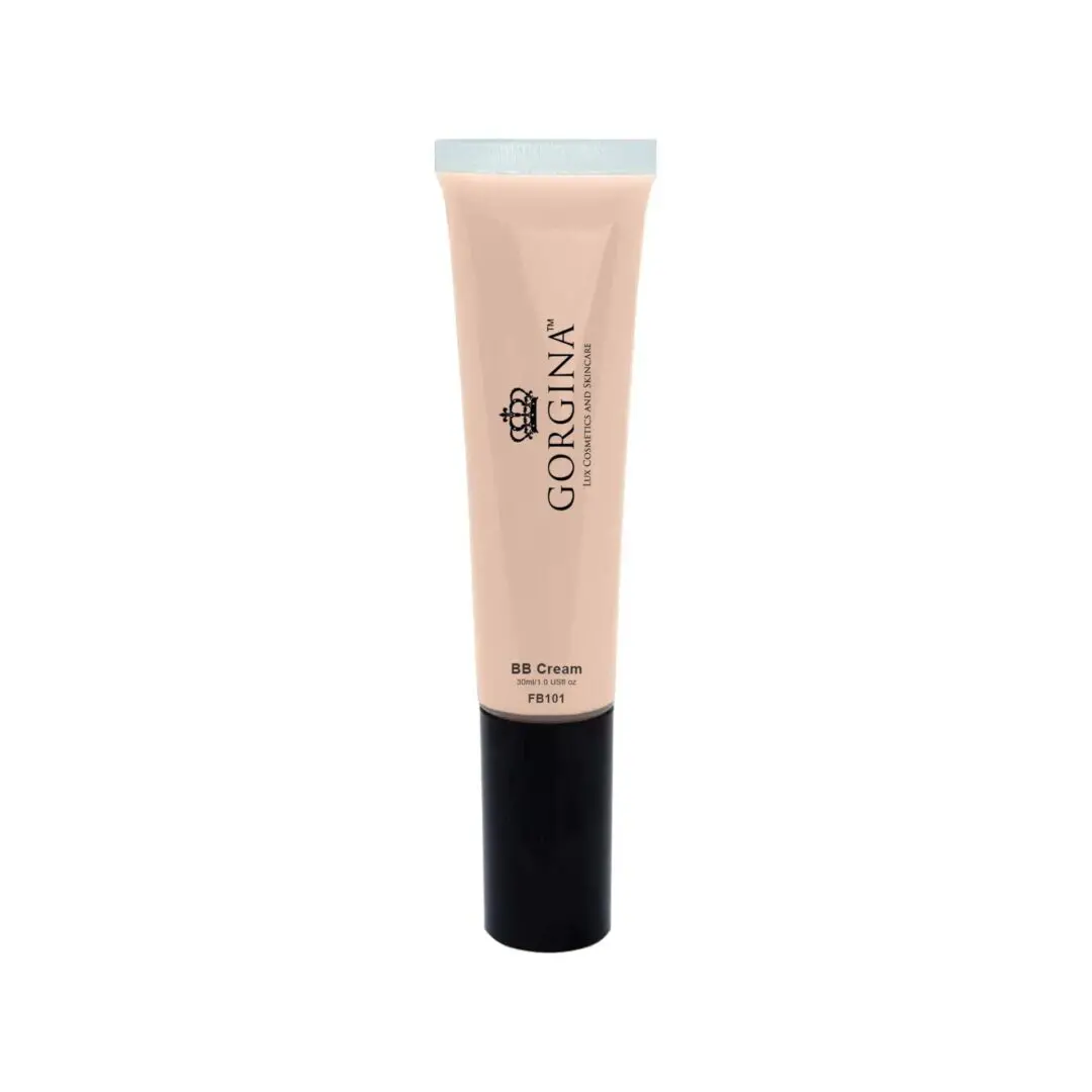 A tube of GORGINA BB Cream, labeled FB101, with a light beige shade. The tube features a black cap and black text on the front.