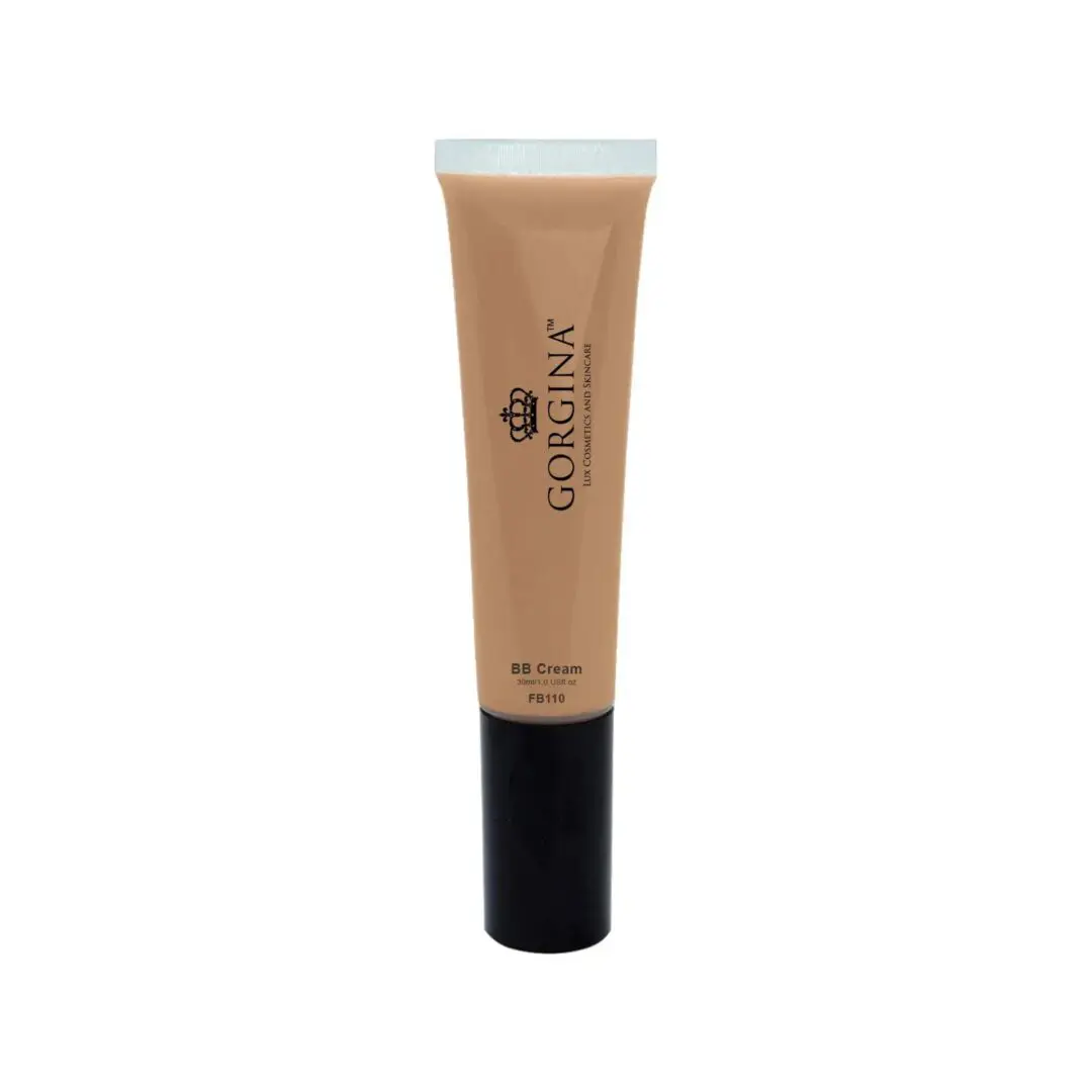 A BB cream tube with a beige label and black cap, featuring the brand name "Gorgina" and shade FB010.