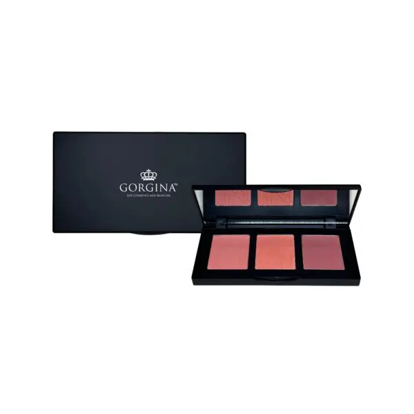 Makeup palette with three shades of blush, one open to reveal the colors, beside a closed black case with "Gorgina" and a crown logo on the top.