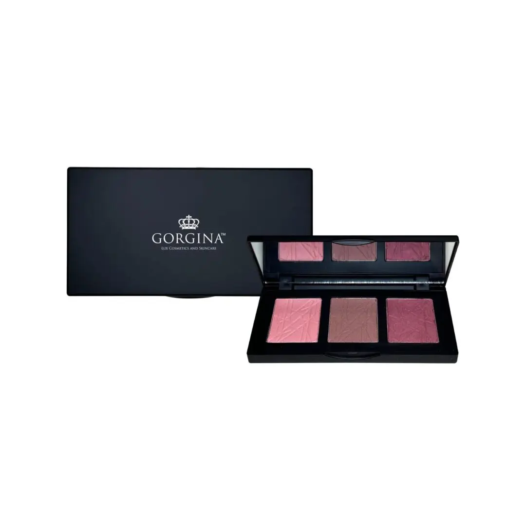 A makeup palette with three shades of pink and purple powders. The open black case displays the "Gorgina" logo on the lid.