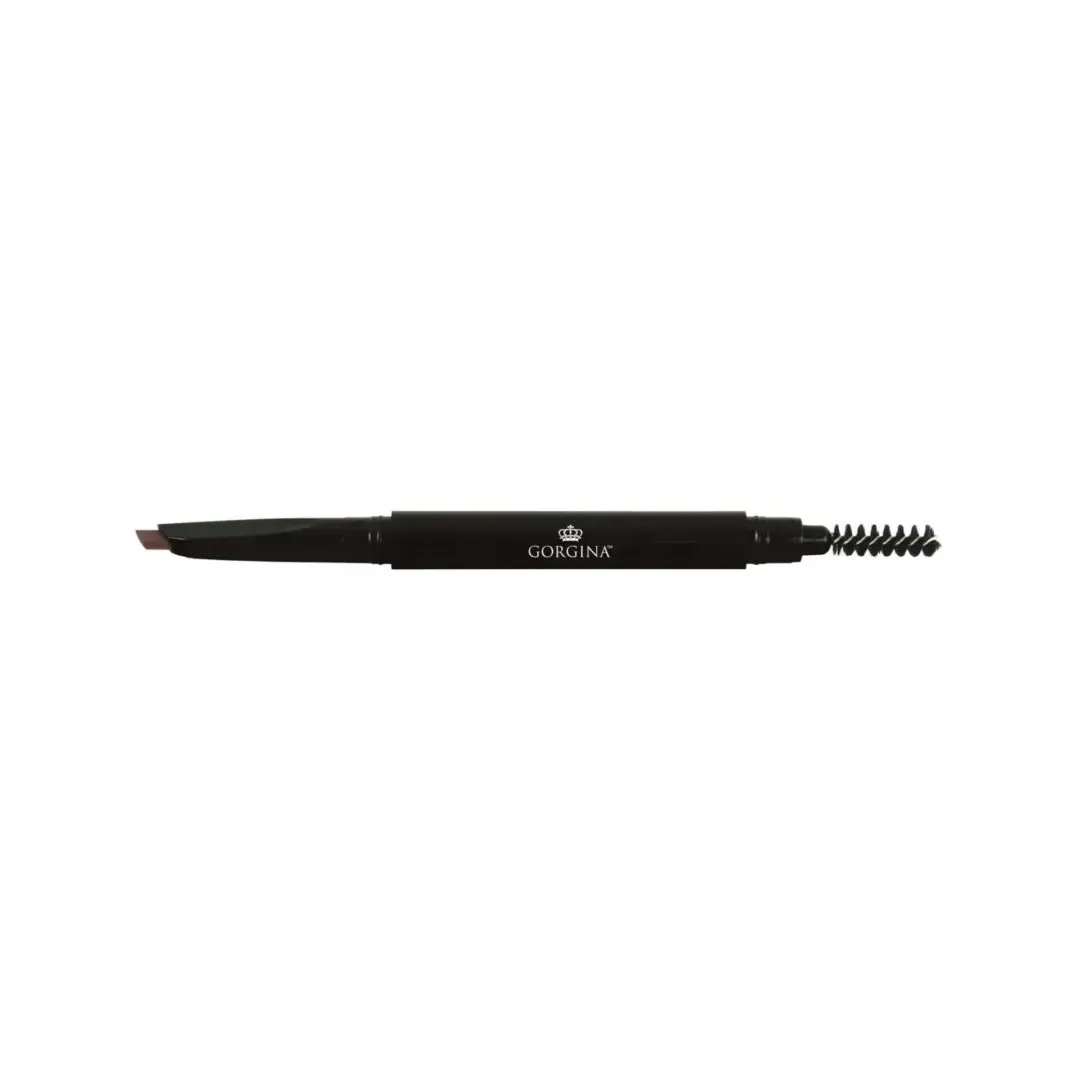 Black eyebrow pencil with an angled tip on one end and a spoolie brush on the other, labeled "Gorgina.