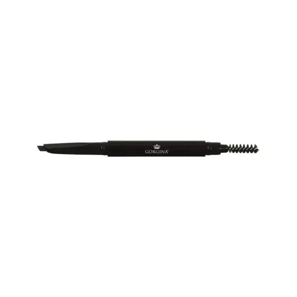 Black eyebrow pencil with brush on one end and slanted pencil tip on the other, labeled "Gorgina.