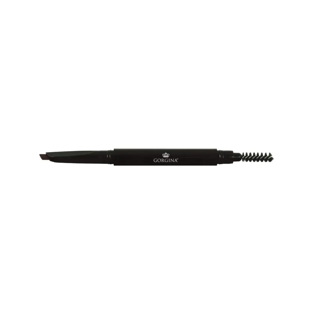 A double-ended eyebrow pencil with a slanted tip on one end and a spoolie brush on the other, labeled "Gorgina.