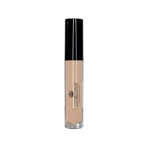 A tube of beige liquid concealer with a black cap, labeled "Gorgina" on the front.