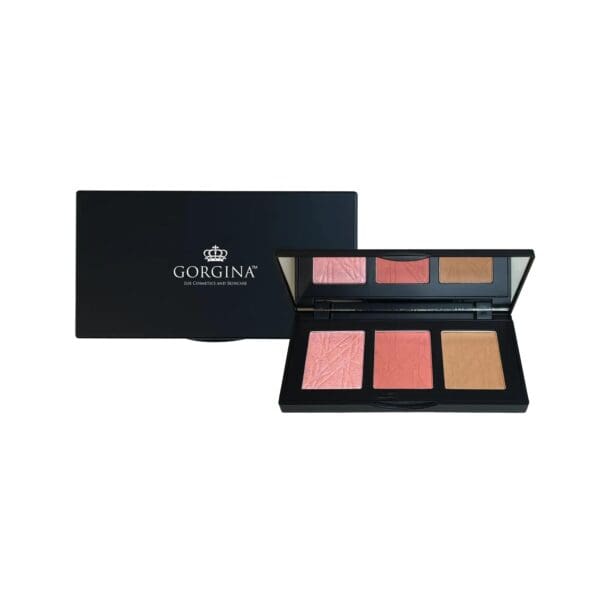 Makeup palette with three shades and an open mirrored lid, next to a closed black case labeled "Gorgina.