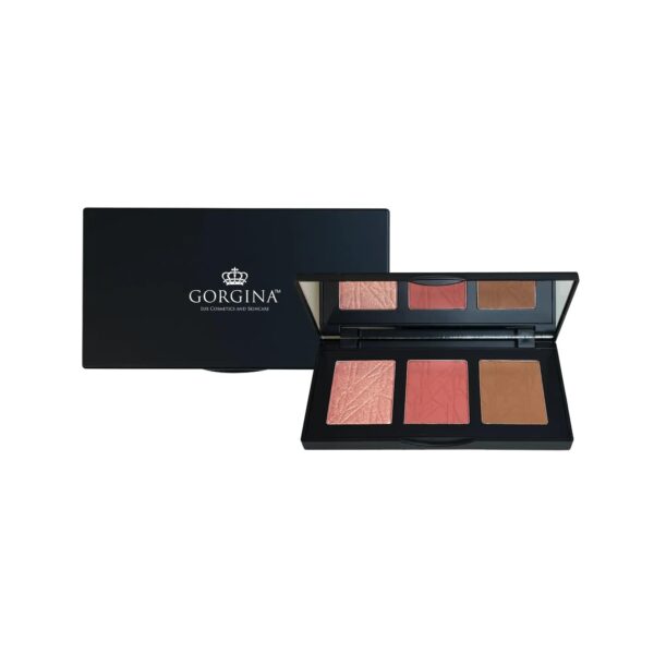 Makeup palette featuring three shades: light pink, deep pink, and brown, with a mirrored lid displaying the "Gorgina" brand logo.