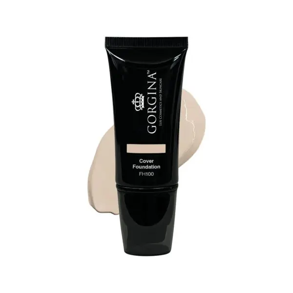 A black tube labeled "Gorgina Cover Foundation FH100" with a sample smear of light beige foundation behind it.