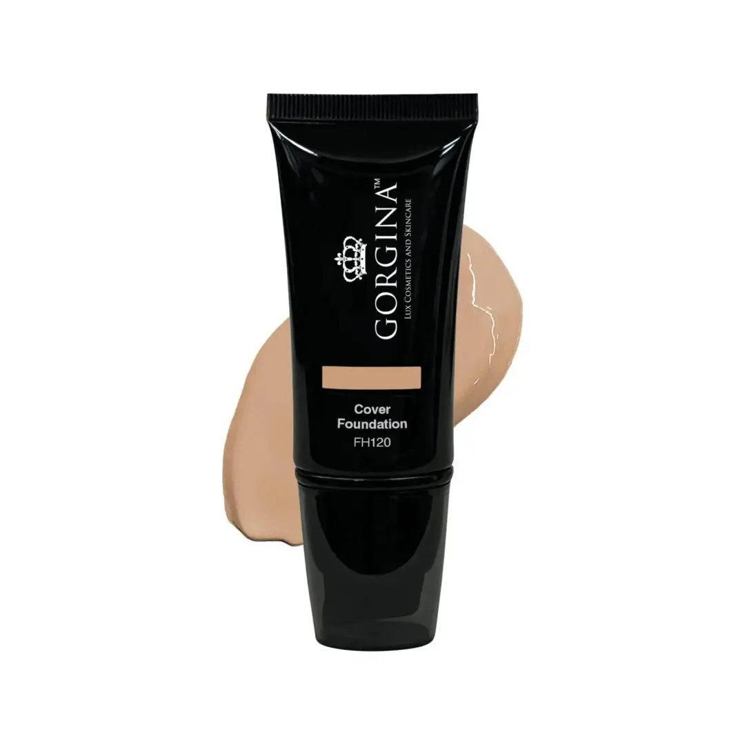 Black tube of Gorgina Cover Foundation FH120 with a swatch of beige foundation behind it, on a white background.