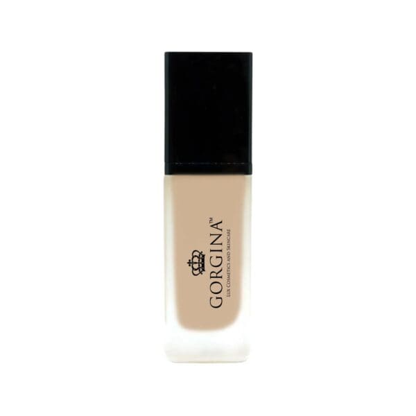 A bottle of Gorgina liquid concealer with a black cap and cream-colored label on a white background.