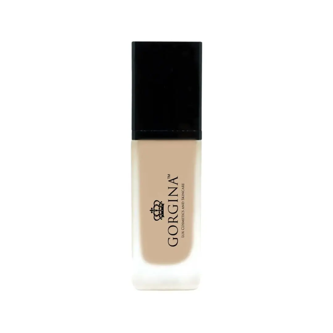 A bottle of Gorgina liquid concealer with a black cap and cream-colored label on a white background.