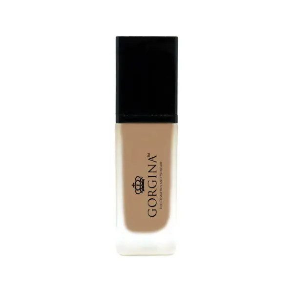 A bottle of Gorgina matte liquid foundation with a black cap and beige label.