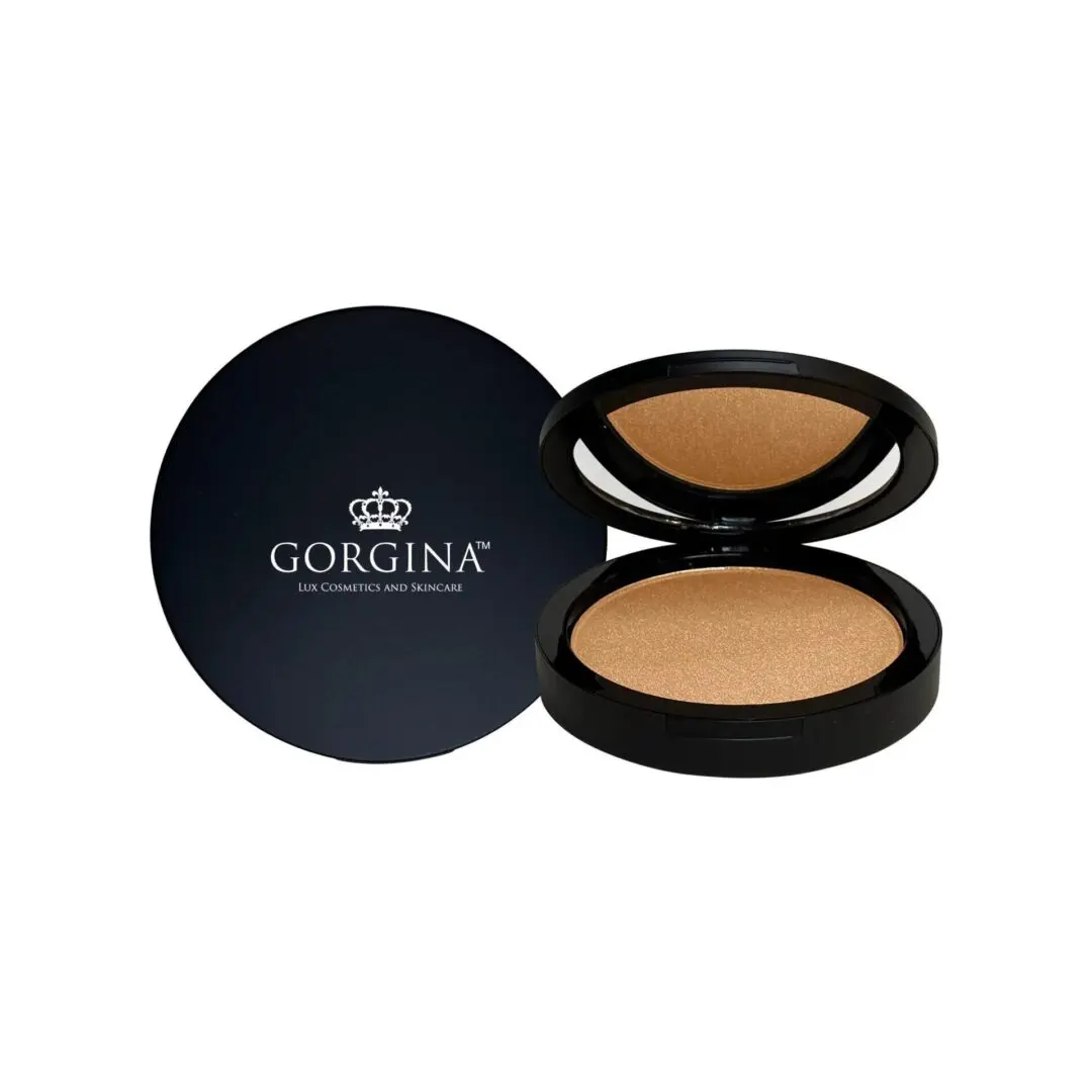 Open compact with bronzer next to a closed case labeled "Gorgina Lux Cosmetics and Skincare.